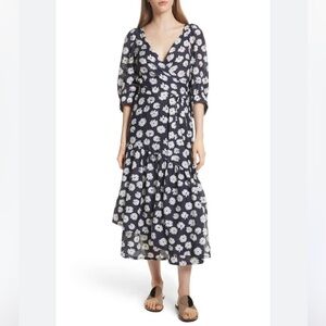 Apiece Apart  Bougainvillea Navy Cotton Silk Blend  Floral Dress